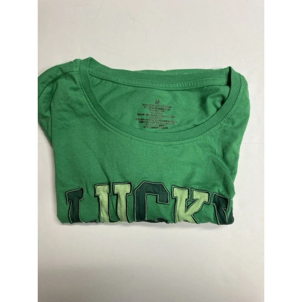 Women's Green Lucky Shamrock Graphic Embroidered Round Neck Knit T-Shirt M